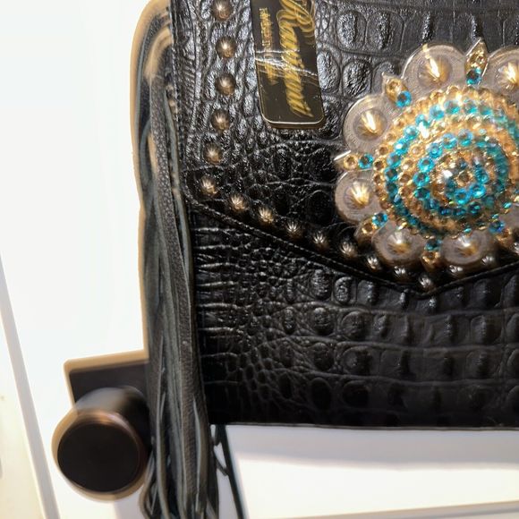 Raviani Fringe Satchel Bag In Black Alligator Embossd Leather Crystal Flower NWT - Picture 3 of 14